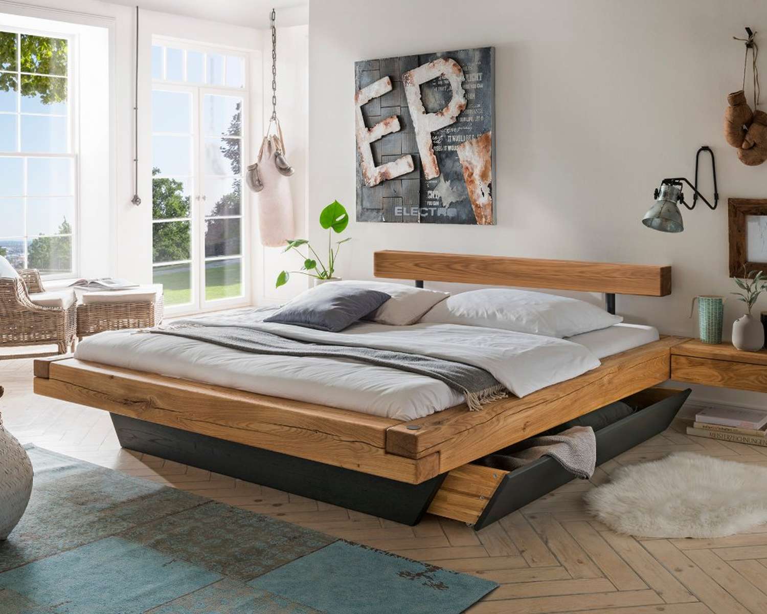 Houten balken bed met houten balk hoofdbord Houten balken bed met houten balk hoofdbord