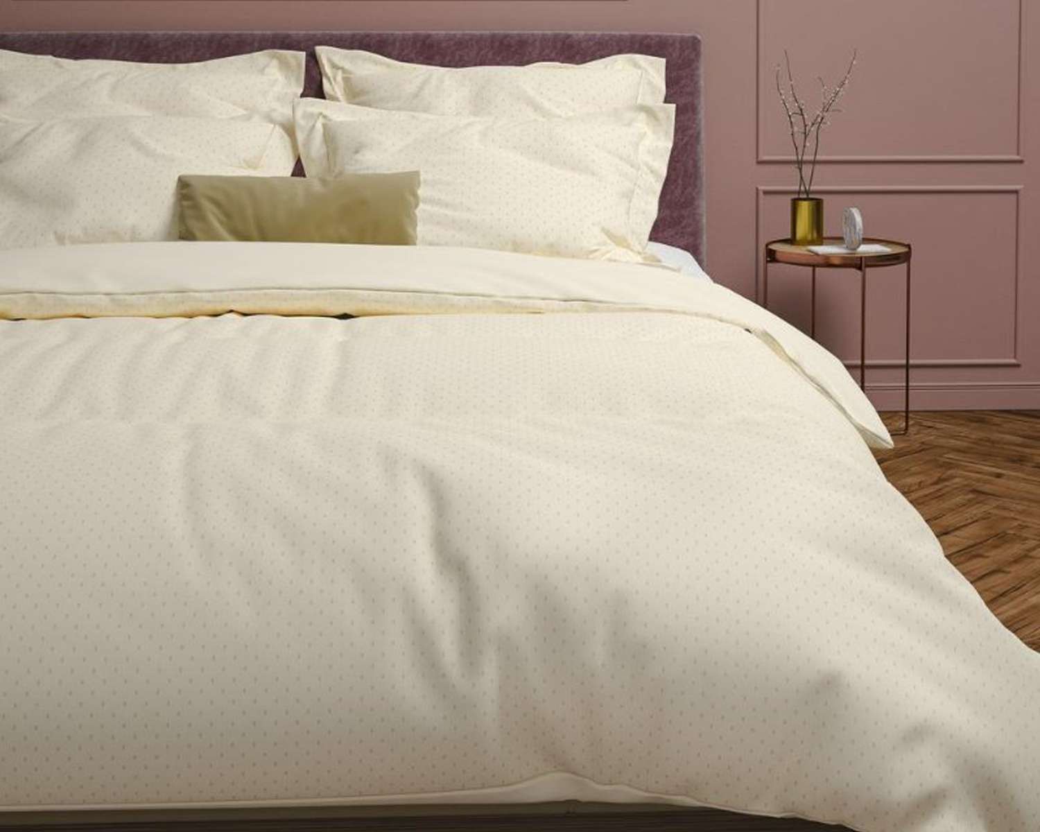 Dekbedovertrek Uni Stippen Creme op bed